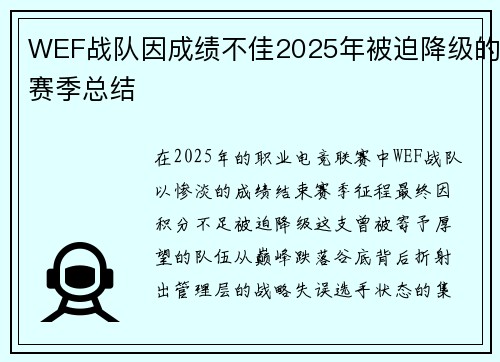 WEF战队因成绩不佳2025年被迫降级的赛季总结